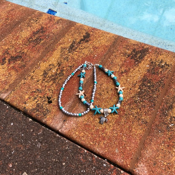 Silver Turquoise Starfish Ankle Bracelet  10” - Picture 5 of 7